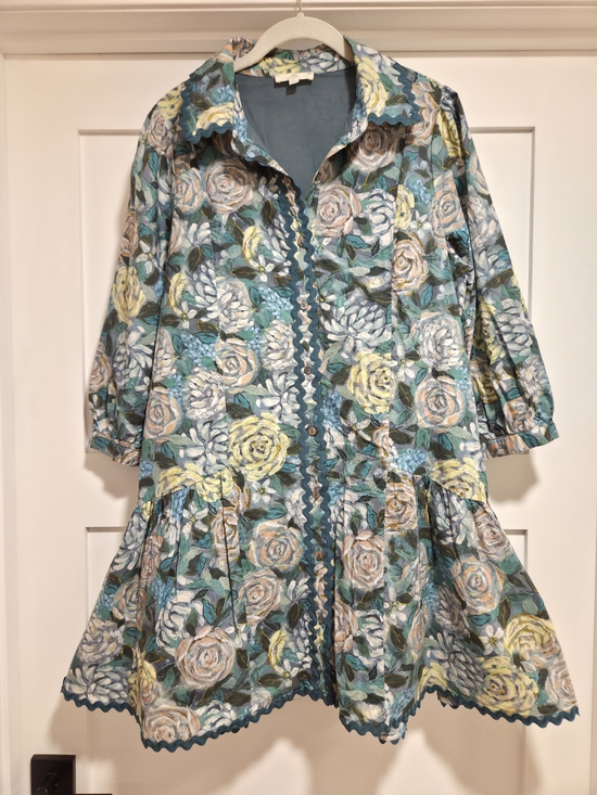 entro Dresses & Skirts - Entro Teal Green Floral Ric-Rac Scallop Mini Dress Cotton Pockets Size M